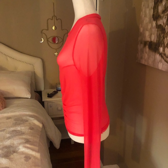 NWOT Mock Neck Silky Sheer Neon Coral LS Top size Lg - Picture 2 of 6